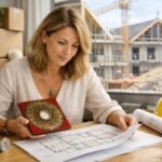 Feng Shui szakértő a költözés előtt, terveket és Feng Shui eszközöket néz