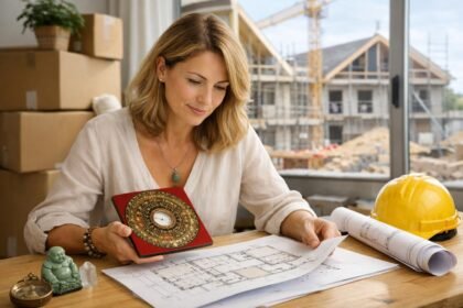 Feng Shui szakértő a költözés előtt, terveket és Feng Shui eszközöket néz