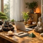 Harmonikus munkahely a Feng Shui elveivel, zöld növényekkel és vízeséssel.