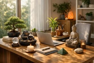 Harmonikus munkahely a Feng Shui elveivel, zöld növényekkel és vízeséssel.