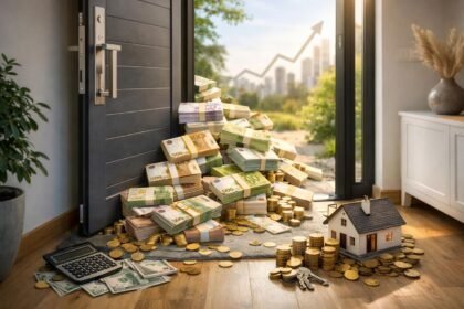 Bejárati ajtó mögött pénzeszsákok és érmék halmozódnak