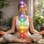 Meditáló nő a csakrák színeivel, harmónia és belső egyensúly elérésére.