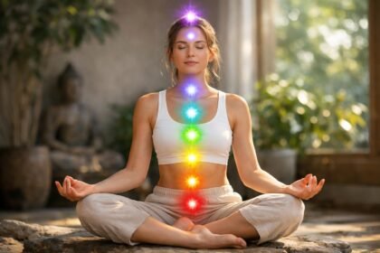 Meditáló nő a csakrák színeivel, harmónia és belső egyensúly elérésére.