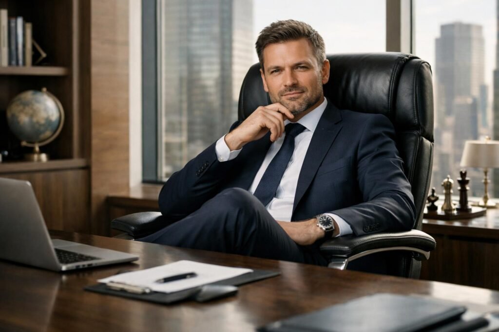 Férfi a főnöki székben, vezetői pozícióban, magabiztos arccal.