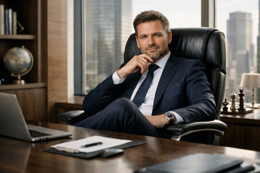 Férfi a főnöki székben, vezetői pozícióban, magabiztos arccal.