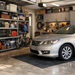 Rendezett garázs autóval, tárolóval és eszközökkel.