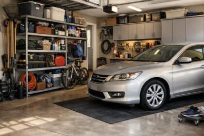 Rendezett garázs autóval, tárolóval és eszközökkel.