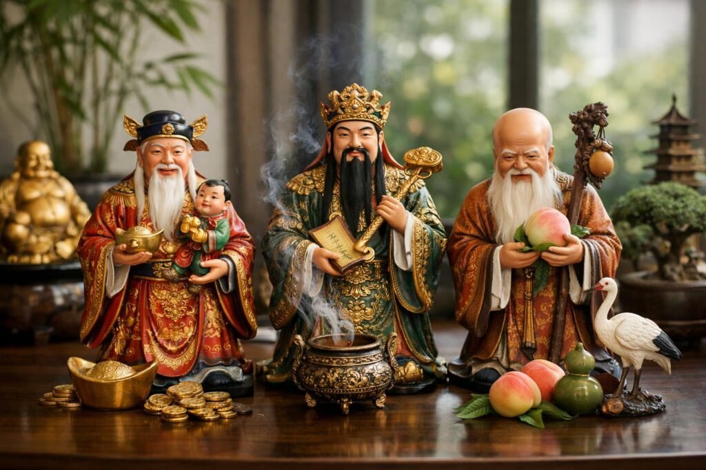 A három csillagisten, Fu, Lu és Shou, Feng Shui szimbólumai.