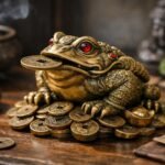 Háromlábú Béka feng shui szimbólum, pénzérmékkel körülvéve