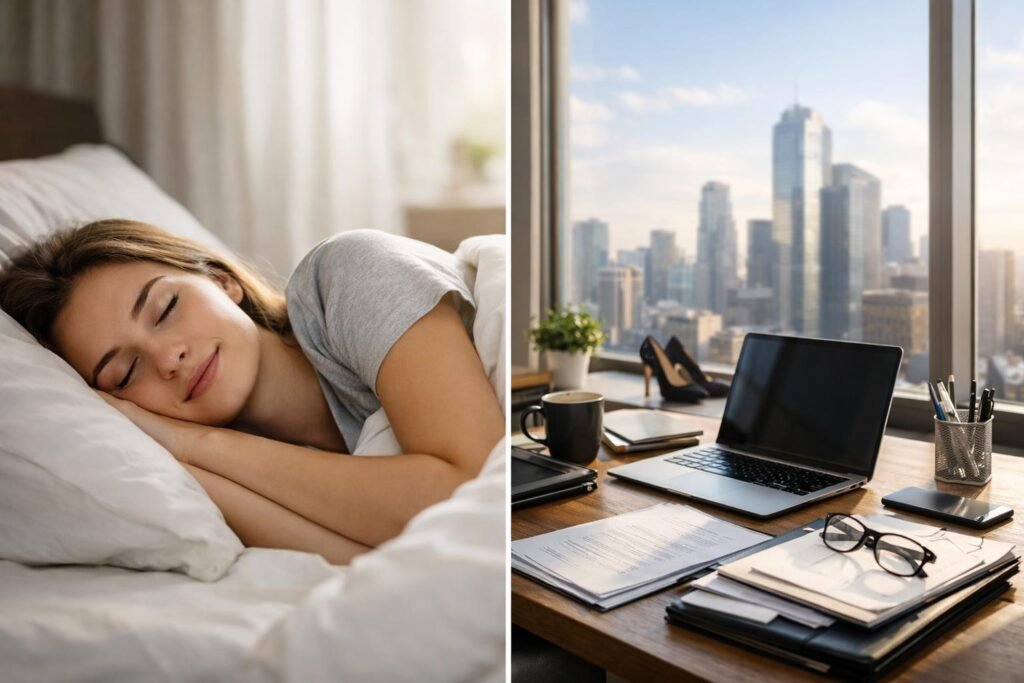 Nő pihen a hálószobában, miközben a háttérben egy munkahely látható.