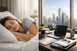 Nő pihen a hálószobában, miközben a háttérben egy munkahely látható.