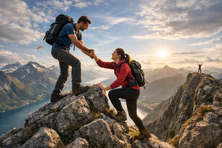 Két mászó segít egymásnak a hegytetőn, a háttérben lenyűgöző tájjal.