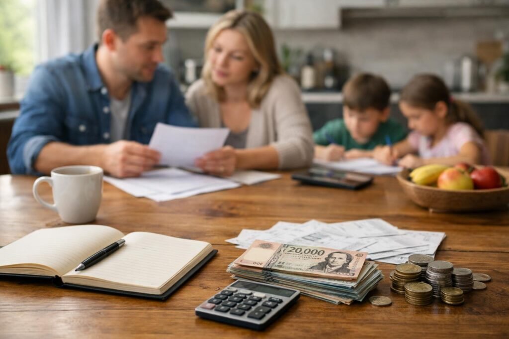 Családi pénzügyi tervezés a konyhaasztalnál.