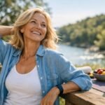 Felnőtt nő boldogan a természetben, életvidámságot sugallva.