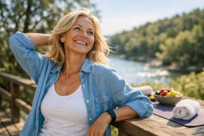 Felnőtt nő boldogan a természetben, életvidámságot sugallva.