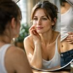 Nő néz a tükörbe, akinek arcvonásai tükrözik személyiségét.