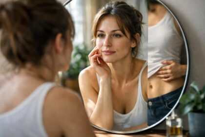 Nő néz a tükörbe, akinek arcvonásai tükrözik személyiségét.