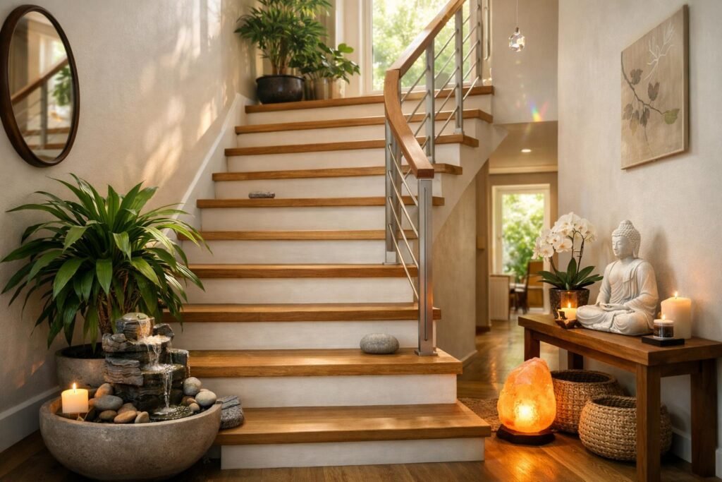 Feng shui lépcsőház mellette zöld növények és vízesés dekorációval