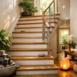 Feng shui lépcsőház mellette zöld növények és vízesés dekorációval