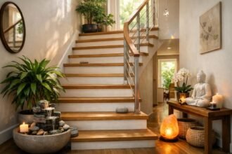 Feng shui lépcsőház mellette zöld növények és vízesés dekorációval