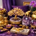 Bőség sarka lila és arany színnel díszítve Feng Shui szerint.