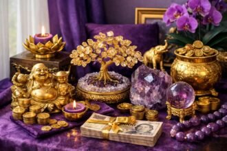 Bőség sarka lila és arany színnel díszítve Feng Shui szerint.