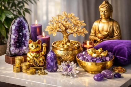 Lila és arany Feng Shui dekoráció a bőség sarkában