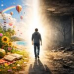 Ember a fény felé tart, bal oldalon élénk környezet, jobb oldalon romos helyiség.