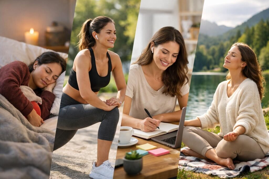 Nő a női ciklus négy szakaszával összhangban, különböző tevékenységek közben.