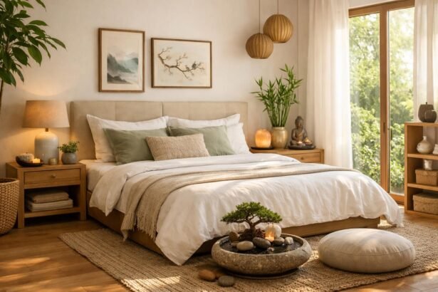 Harmonikus és pihentető hálószoba feng shui elemekkel.