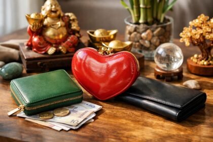 Három különböző pénztárca feng shui színekben pénz vonzására.