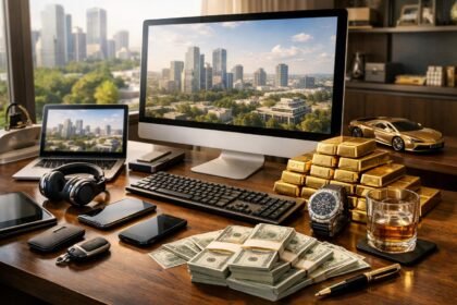 Modern munkahely elegáns számítógépekkel és pénzügyi szimbólumokkal.