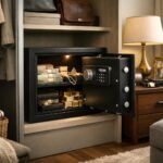 Széf a lakásban, arany ékszerekkel és pénzzel, biztonság és jólét.