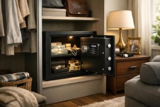 Széf a lakásban, arany ékszerekkel és pénzzel, biztonság és jólét.