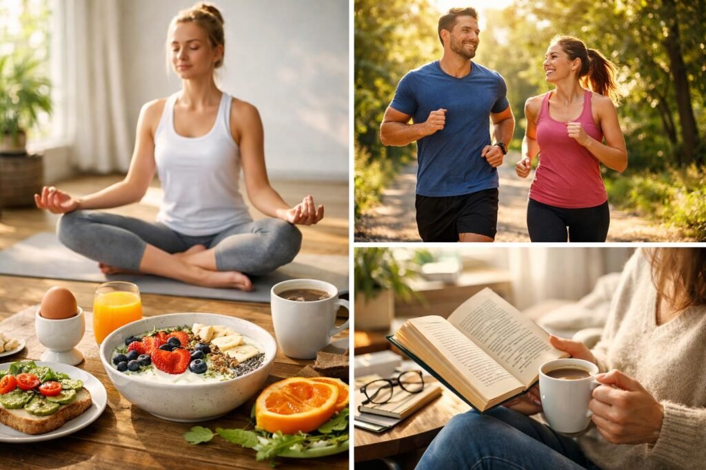 Tökéletes reggeli rituálé: meditáció, egészséges étkezés, mozgás és olvasás.