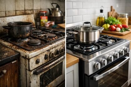 Két tűzhely összehasonlítása, baloldalt a régi és koszos, jobboldalt a tiszta és modern.