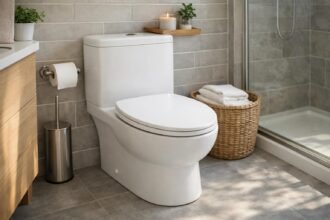 Modern vécé a fürdőszobában, lehajtott fedéllel.