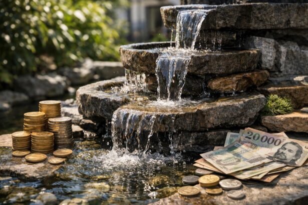 Csobogó víz áramlása pénzérmékkel és bankjegyekkel