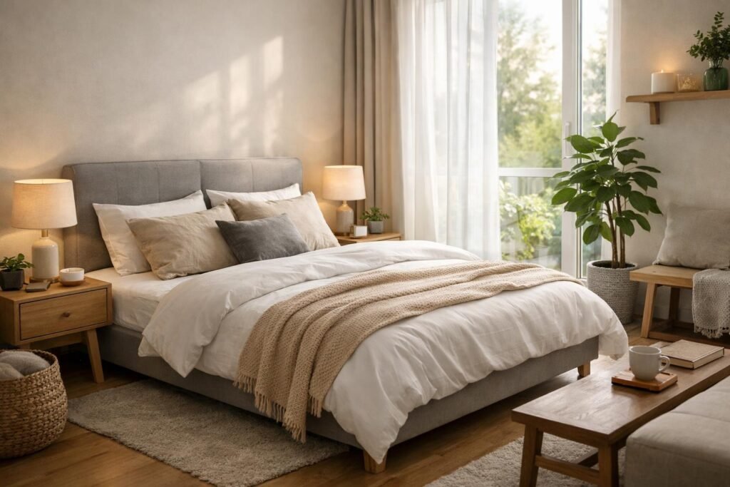 Modern hálószoba berendezés világos színekkel és növényekkel.