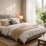 Modern hálószoba berendezés világos színekkel és növényekkel.