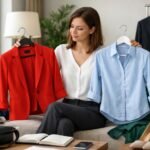 Nő, aki állásinterjúra készül, színes ruhákat választ