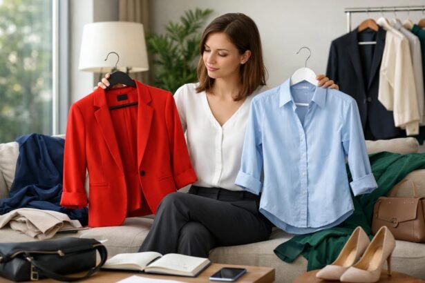 Nő, aki állásinterjúra készül, színes ruhákat választ