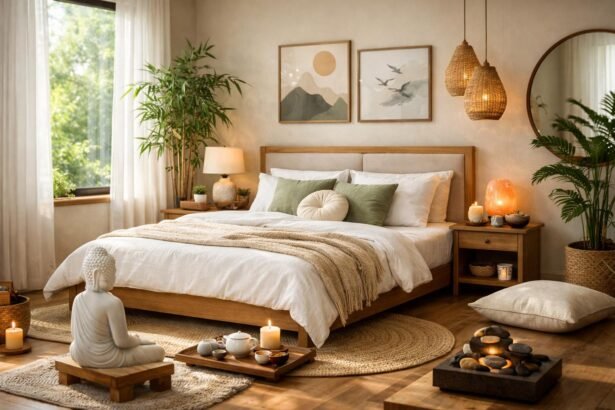 Harmonikus hálószoba feng shui elemekkel, pihenéshez ideális környezetben.