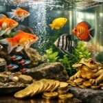 Akvárium halakkal és arany pénzérmékkel a bőségért