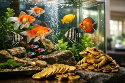Akvárium halakkal és arany pénzérmékkel a bőségért