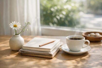 Egyszerű otthoni dekoráció virággal és kávéval.