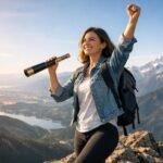 Fiatal nő a hegy csúcsán, távcsővel a kezében, a sikerért ünnepelve.