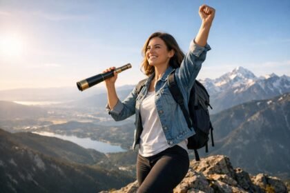 Fiatal nő a hegy csúcsán, távcsővel a kezében, a sikerért ünnepelve.