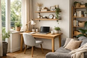 Otthoni dolgozósarok íróasztallal és növényekkel.