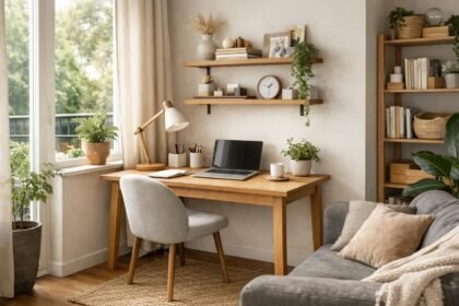 Otthoni dolgozósarok íróasztallal és növényekkel.